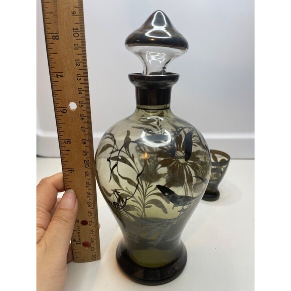 Vintage  Set ITALY CLEAR Glass Silver Overlay Liquor Decanter 3 Shot Glasses - Picture 6 of 11